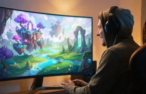 Legends of Starkadia gratuit sur Steam : ton jeu définitif Un joueur en sweat à capuche joue à Legends of Starkadia sur un grand écran incurvé affichant un paysage fantastique.