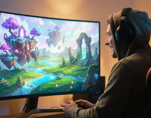 Un joueur en sweat à capuche joue à Legends of Starkadia sur un grand écran incurvé affichant un paysage fantastique.