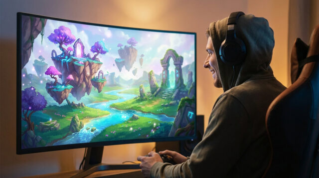 Joueur sur Legends of Starkadia Un joueur en sweat à capuche joue à Legends of Starkadia sur un grand écran incurvé affichant un paysage fantastique.
