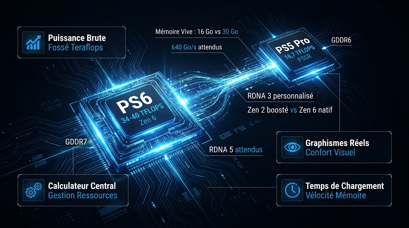 Comparatif technique entre la PlayStation 6 et la PS5 Pro illustrant les composants internes