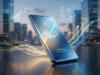 Un smartphone Samsung Galaxy S26 Ultra flottant au-dessus d'une table avec des graphiques financiers montrant une hausse.