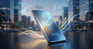 Un smartphone Samsung Galaxy S26 Ultra flottant au-dessus d'une table avec des graphiques financiers montrant une hausse.