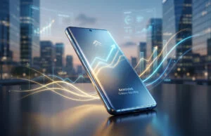 Un smartphone Samsung Galaxy S26 Ultra flottant au-dessus d'une table avec des graphiques financiers montrant une hausse.