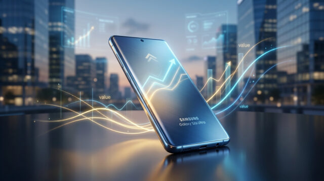 Quel prix pour le Samsung Galaxy S26 Ultra ? Un smartphone Samsung Galaxy S26 Ultra flottant au-dessus d'une table avec des graphiques financiers montrant une hausse.