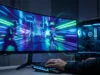 Réglages graphiques Fortnite 2026 : optimisez vos FPS sur PC Un joueur utilise un écran ultra-large affichant un jeu dynamique de style futuriste avec des néons bleus et violets.