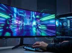 Réglages graphiques Fortnite 2026 : optimisez vos FPS sur PC Un joueur utilise un écran ultra-large affichant un jeu dynamique de style futuriste avec des néons bleus et violets.