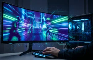 Réglages graphiques Fortnite 2026 : optimisez vos FPS sur PC Un joueur utilise un écran ultra-large affichant un jeu dynamique de style futuriste avec des néons bleus et violets.