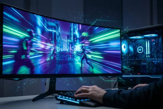 Un joueur utilise un écran ultra-large affichant un jeu dynamique de style futuriste avec des néons bleus et violets.