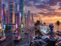 Ce que nous savons sur le mode multijoueur de GTA 6 Un motard futuriste regarde une carte holographique devant une ville cyberpunk au coucher du soleil.