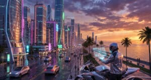 Un motard futuriste regarde une carte holographique devant une ville cyberpunk au coucher du soleil.