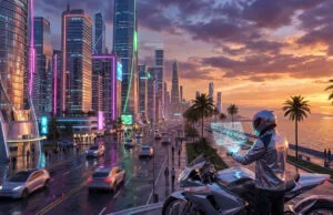 Ce que nous savons sur le mode multijoueur de GTA 6 Un motard futuriste regarde une carte holographique devant une ville cyberpunk au coucher du soleil.