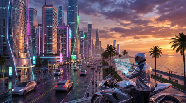 Aperçu du futur urbain dans GTA 6 Un motard futuriste regarde une carte holographique devant une ville cyberpunk au coucher du soleil.