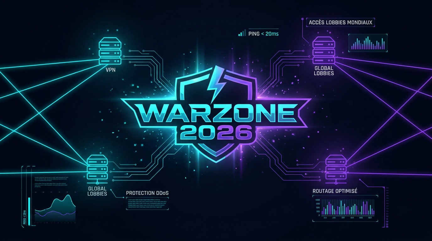 Interface de jeu Warzone 2026 avec optimisation réseau