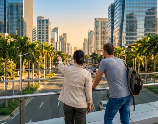 Deux personnes observent une ville moderne depuis une passerelle piétonne en surplomb d'une avenue.