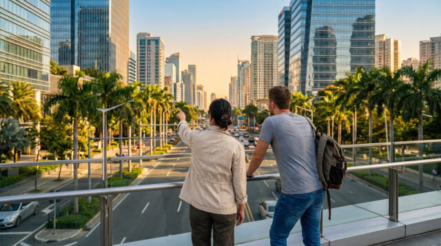 GTA 6 : Les décors urbains en détail Deux personnes observent une ville moderne depuis une passerelle piétonne en surplomb d'une avenue.