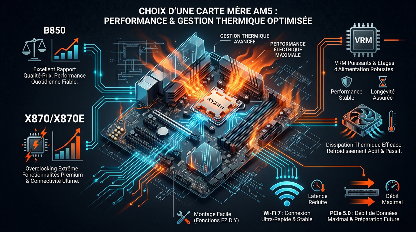Carte mère AM5 avec dissipateurs thermiques et slots PCIe 5.0