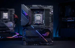 Quelle est la meilleure carte mère AM5 pour le gaming ? Carte mère ASUS ROG haut de gamme avec socket AM5 et processeur AMD Ryzen monté, sur un fond sombre.