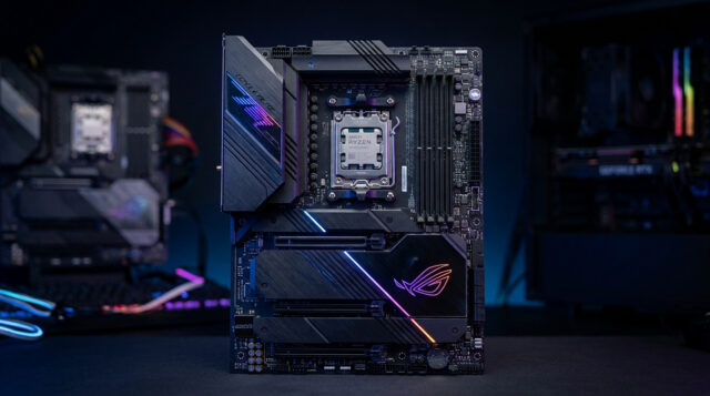 Quelle est la meilleure carte mère AM5 pour le gaming ? Carte mère ASUS ROG haut de gamme avec socket AM5 et processeur AMD Ryzen monté, sur un fond sombre.