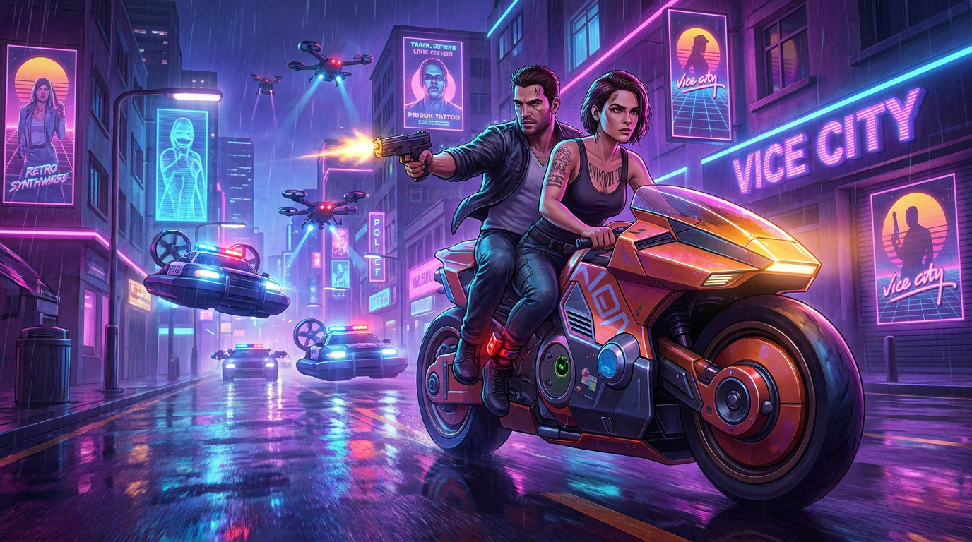 Lucia et Jason en cavale sous les néons de Vice City dans GTA 6