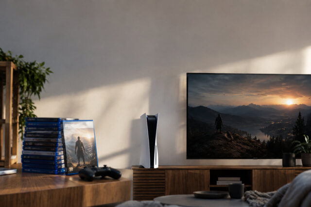 La fin des jeux physiques sur PS5 en 2028 Une console PS5 et une pile de jeux physiques posées sur un meuble TV avec un écran affichant un paysage.