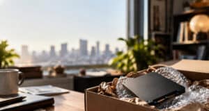 Un SSD dans son carton d'emballage posé sur un bureau ensoleillé avec une vue urbaine en arrière-plan.