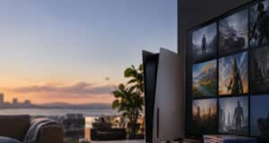 Une console PS5 et sa manette posées sur un meuble devant un écran affichant une grille de jeux vidéo au coucher du soleil.