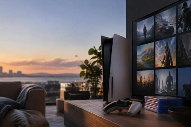 Overdrive sur PS5 : risques et réalité Une console PS5 et sa manette posées sur un meuble devant un écran affichant une grille de jeux vidéo au coucher du soleil.