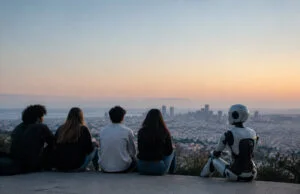 La génération Z et l’IA : usages massifs, craintes tenaces Quatre jeunes et un robot assis côte à côte, observant une ville au coucher du soleil.
