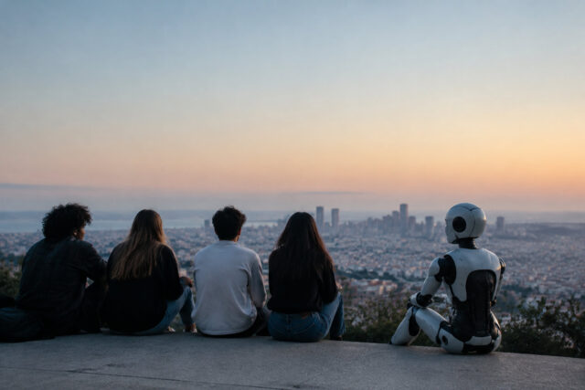 Génération Z et IA : une cohabitation contemplatrice Quatre jeunes et un robot assis côte à côte, observant une ville au coucher du soleil.