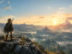 Zelda sur Switch 2 : les rumeurs sur le gameplay Link contemple un vaste paysage fantastique au lever du soleil, avec un château au loin et des montagnes enneigées.