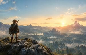 Link contemple un vaste paysage fantastique au lever du soleil, avec un château au loin et des montagnes enneigées.