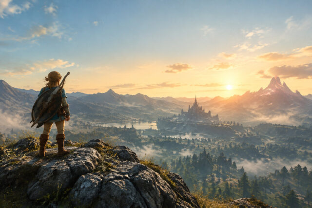 Zelda sur Switch 2 : Horizon d'aventure Link contemple un vaste paysage fantastique au lever du soleil, avec un château au loin et des montagnes enneigées.