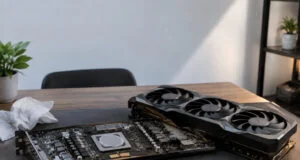 Carte graphique RTX 5090 démontée sur un bureau avec un processeur couvert de pâte thermique et un tournevis à côté.