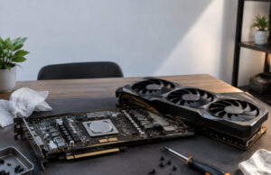 Votre RTX 5090 AORUS à 4 000 € a trop de pâte thermique Carte graphique RTX 5090 démontée sur un bureau avec un processeur couvert de pâte thermique et un tournevis à côté.