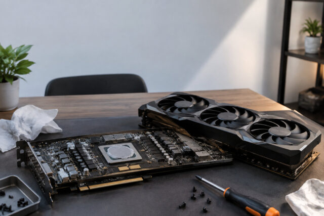 Démontage d'une carte graphique RTX 5090 AORUS Carte graphique RTX 5090 démontée sur un bureau avec un processeur couvert de pâte thermique et un tournevis à côté.
