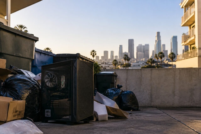 PC gaming abandonné à Los Angeles Un boîtier de PC gaming noir posé au sol près de poubelles, avec les gratte-ciels de Los Angeles en arrière-plan.
