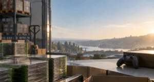 Des jeux Xbox en boîte sur un tapis roulant avec une console et une manette, devant une vue panoramique au coucher.
