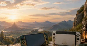 Console Switch 2 aux couleurs de Zelda posée sur une falaise devant un paysage fantastique au coucher du soleil.