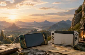 Switch 2 Zelda 40e anniversaire : batterie remplaçable Console Switch 2 aux couleurs de Zelda posée sur une falaise devant un paysage fantastique au coucher du soleil.