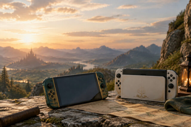 Édition 40e anniversaire de Zelda pour Switch 2 Console Switch 2 aux couleurs de Zelda posée sur une falaise devant un paysage fantastique au coucher du soleil.