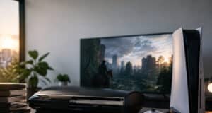 Une console PS5 et une PS3 posées sur un bureau, avec un jeu rétro en cours de lecture sur l'écran en arrière-plan.