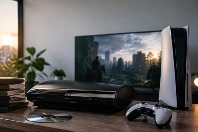 Une console PS5 et une PS3 posées sur un bureau, avec un jeu rétro en cours de lecture sur l'écran en arrière-plan.