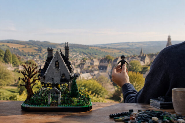 Lionel Martin gagne LEGO Ideas avec Edward aux mains d’argent Un fan tient une figurine LEGO d'Edward aux mains d’argent devant une maquette détaillée de son château iconique.