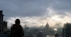 Une personne regarde les ruines dévastées d'une ville sous un ciel sombre et nuageux.
