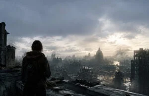 Resident Evil Requiem : tout sur l’histoire et le scénario Une personne regarde les ruines dévastées d'une ville sous un ciel sombre et nuageux.
