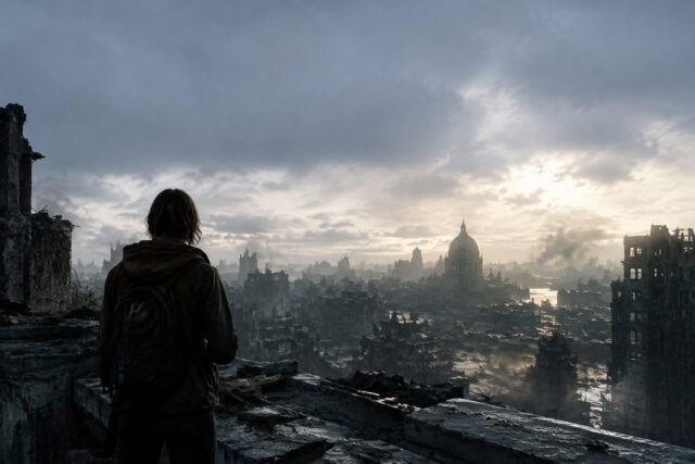 Resident Evil Requiem : Un monde en ruines Une personne regarde les ruines dévastées d'une ville sous un ciel sombre et nuageux.