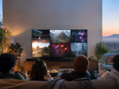 Essayez gratuitement six jeux complets sur votre Xbox Groupe d'amis jouant à des jeux vidéo sur une télévision grand écran dans un salon confortable.
