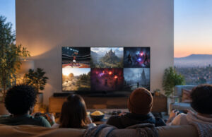 Groupe d'amis jouant à des jeux vidéo sur une télévision grand écran dans un salon confortable.