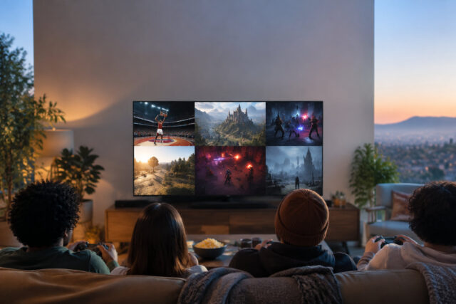 Jeux Xbox gratuits : une expérience immersive Groupe d'amis jouant à des jeux vidéo sur une télévision grand écran dans un salon confortable.