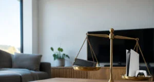 Une balance en laiton avec un SSD M.2 sur un plateau et une console PS5 miniature sur l'autre, posée sur une table en bois.